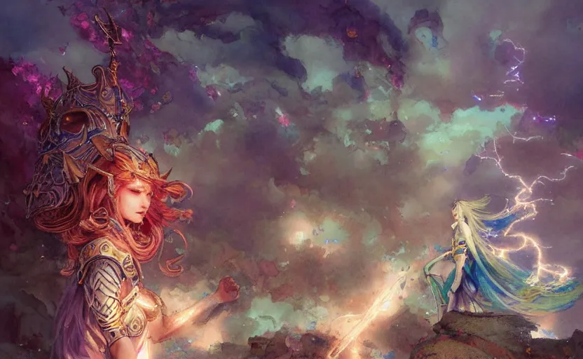 Image similar to the lightning goddess whearing knight armor, fantasy. intricate, amazing composition, colorful watercolor, by ruan jia, by maxfield parrish, by marc simonetti, by hikari shimoda, by robert hubert, by zhang kechun, illustration, gloomy