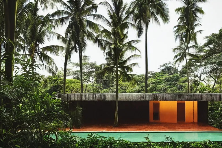 Prompt: a splendid tropical modernist house designed by Geoffrey Bawa in the middle of a jungle in Goa, photographed by Harry Gruyaert, shot on large format film camera, beautiful lighting, trending on VSCO,