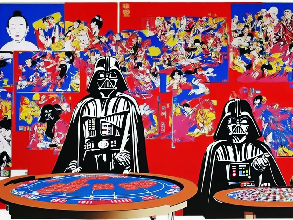 Image similar to hyper - realistic composition of a large room with an extremely detailed poker table in the center, woman in traditional japanese kimono standing nearby, darth vader sitting at the table, fireworks in the background, pop art style, jackie tsai style, andy warhol style, acrylic on canvas, dull palette