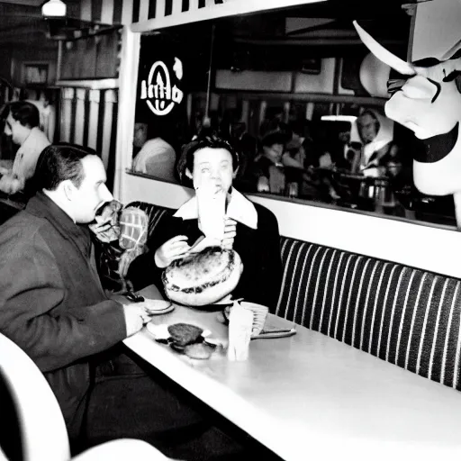 Prompt: photo of a cow eating a hamburger in a 1950's diner.