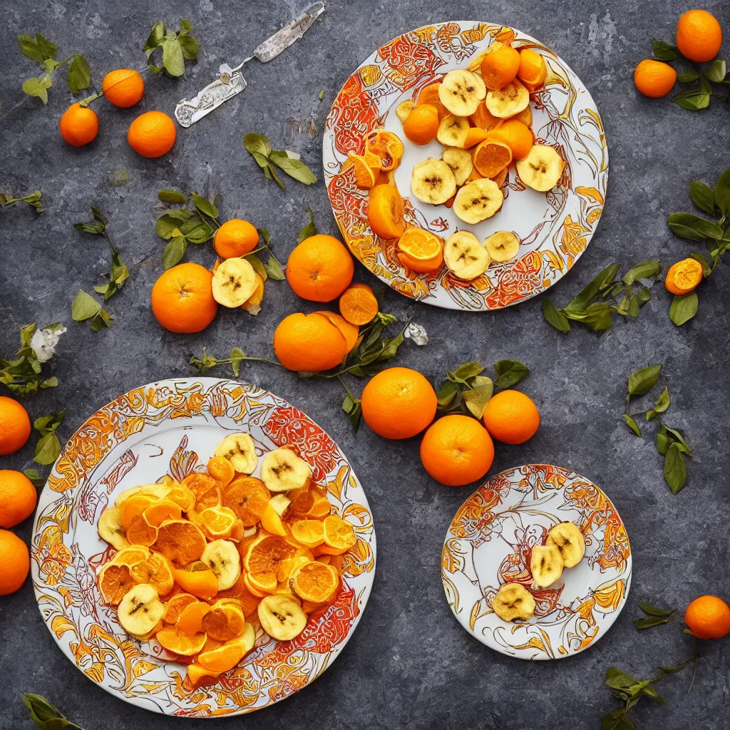 Prompt: roasted bananas peals with cut orange slices, in designer plate with flowery pattern art nouveau embroidered, closeup, hyper real, food photography, high quality