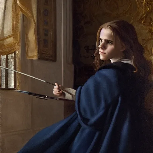 Image similar to Painting of Emma Watson as Hermione Granger. Art by Vermeer. During golden hour. Extremely detailed. Beautiful. 4K. Award winning.