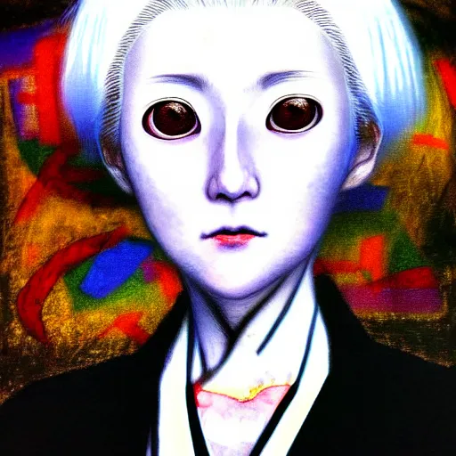 Image similar to yoshitaka amano blurred and dreamy realistic three quarter angle portrait of a woman with white hair and black eyes wearing dress suit with tie, junji ito abstract patterns in the background, satoshi kon anime, noisy film grain effect, highly detailed, renaissance oil painting, weird portrait angle, blurred lost edges