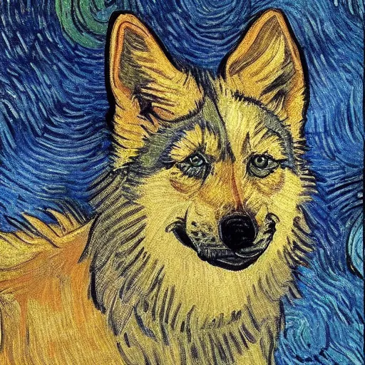 Image similar to retarded wolf portrait, van gogh style