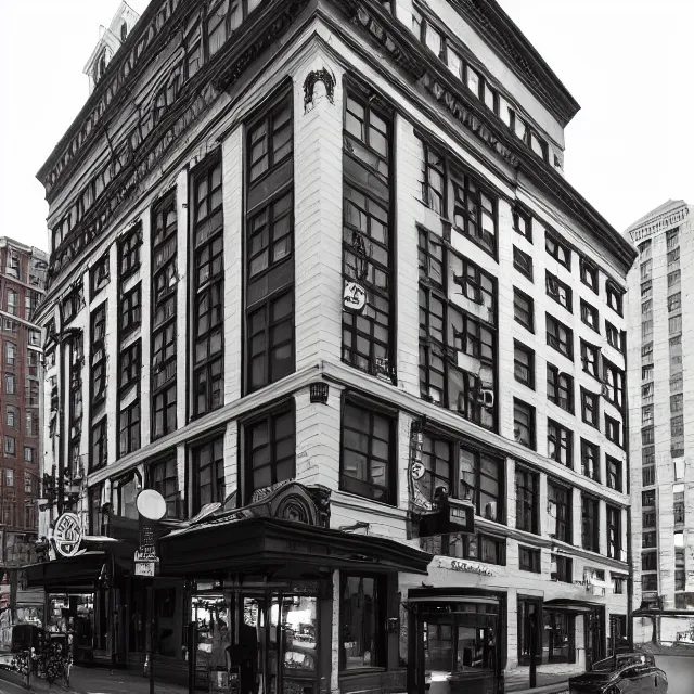 Prompt: a gothic 1 9 2 0 s 1 0 - storey hotel in downtown boston overlooking a dark street