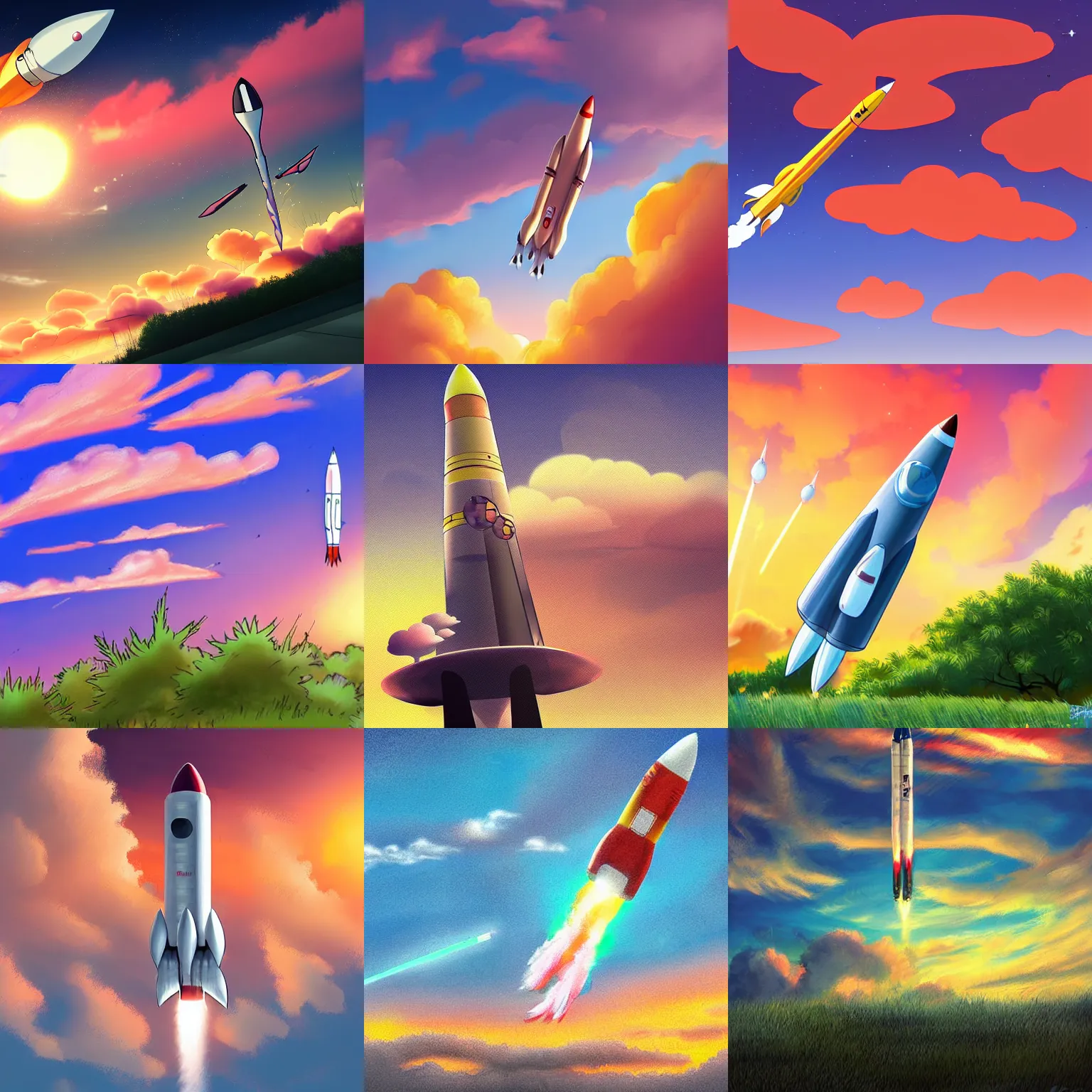 Prompt: a rocket launching into the sky, sunset, fluffy clouds, beautiful digital art, pixiv
