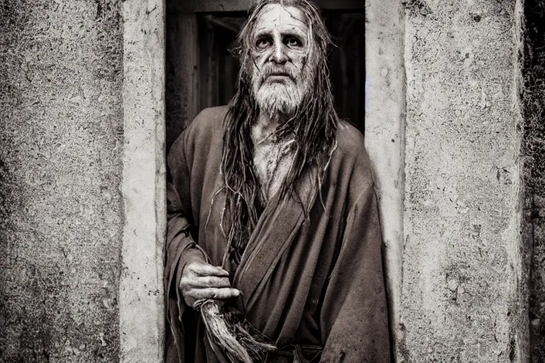 Prompt: character and environment photography, portrait shamanistic infested 5 0 - year - old male druid, messy hair, old tattered robe, medium shot, wide angle, 2 0 0 px, full front, natural light