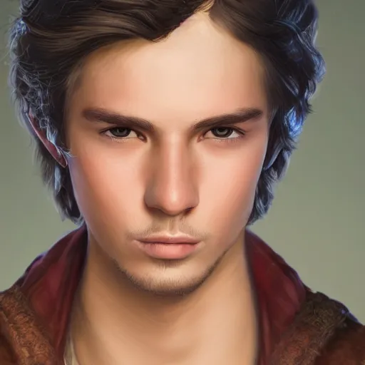 Image similar to a digital art close up portrait of young barnes courtney bard from fantasy world, handsome young man bard with lute character sheet, 4 k, ultra detail, volumetric lighting, unreal engine, octane render