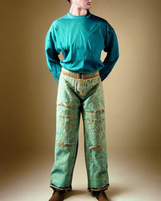Prompt: a blurry but detailed photo of a ancient male model wearing a teal boot cut flared distressed medieval designer menswear trousers designed by kapital, 4 k, studio lighting, wide angle lens, 2 0 0 4