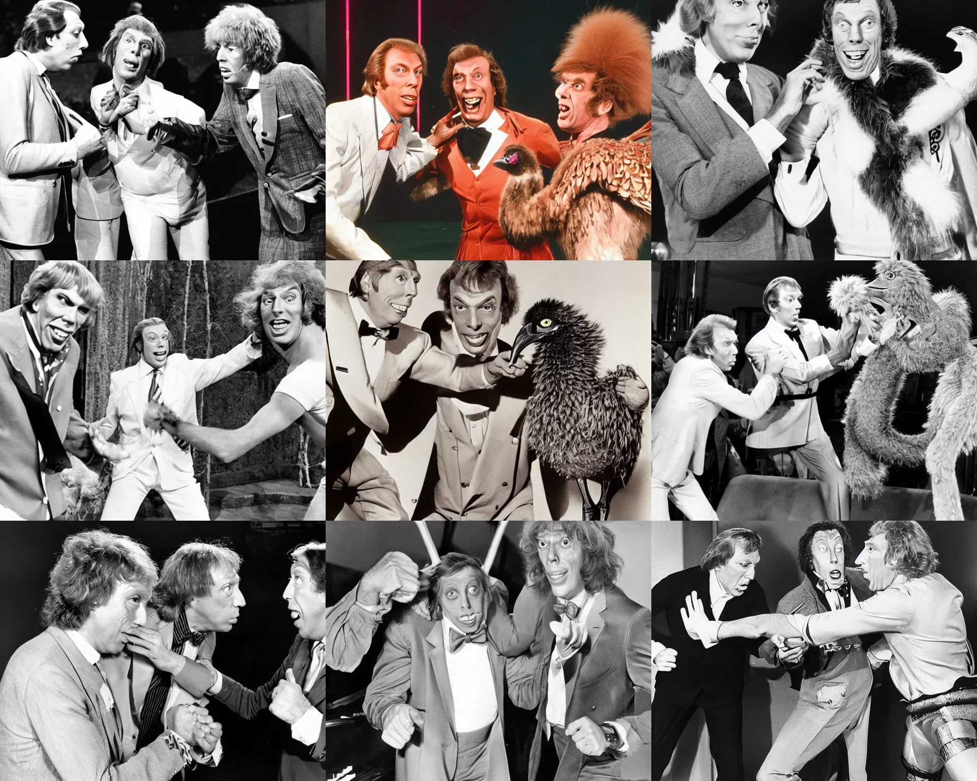 Prompt: larry grayson fighting with rod hull and emu