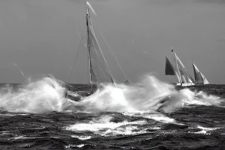 Prompt: brigantine sailing around massive whirlpools. photograph in the style of jean guichard's la jumont