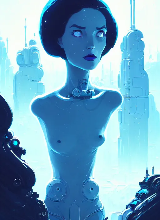 Image similar to highly detailed portrait of stunning android elemental witch lady, stray wiring by atey ghailan, james gilleard, by joe fenton, by greg rutkowski, by greg tocchini, by kaethe butcher, 4 k resolution, gradient blue, cyan, black and white color scheme!!! ( ( snowy glaciated robotic dystopian city background ) )