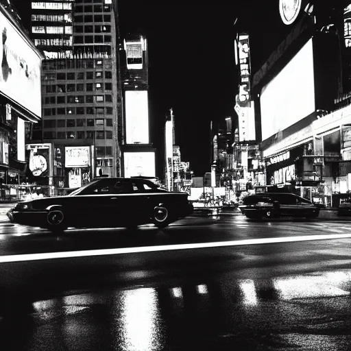 Prompt: professional photography of robocop stepping out of a jet black police car, city at night, street lamps, city square, cinematic, shot on movie film, film exposure, well-lit lighting, skyscrapers nearby, times square, slightly damp city streets reflecting city lights and street lamps, year is 1989, precise photography composition.