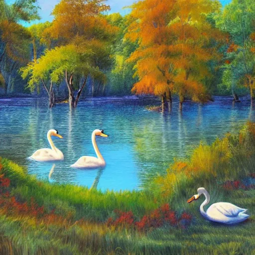 Image similar to painting of a small lake with two swans in it, in a forest, blue water, stunning colors, fairytale