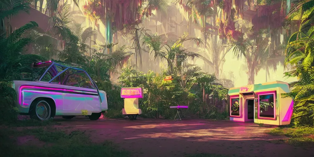 Image similar to 80s outdoor retro arcade, chrome, pastel colors, desolate, lush vegetation, moody:: by beeple and James Gilleard and Justin Gerard :: ornate, dynamic, particulate, intricate, elegant, highly detailed, centered, artstation, smooth, sharp focus, octane render, 3d