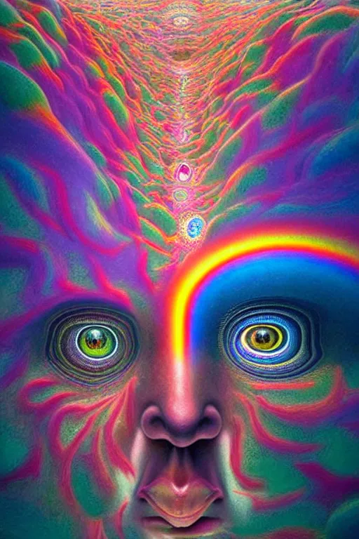 Image similar to hyperrealistic abstract close-up Renaissance psychedelic!! celestial happy! pure creature!! peaceful! kind spirit of nature! beautiful fractal!! eyes! highly detailed concept art eric zener elson peter cinematic hard rainbow lighting high angle hd 8k sharp shallow depth of field endless, inspired by Zdzisław Beksiński Salvador Dali