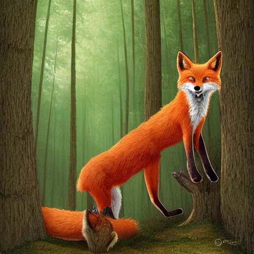 Image similar to a red fox and a ginger teen girl at dark forest where trees are huge, ultra realistic by ori toor and escher