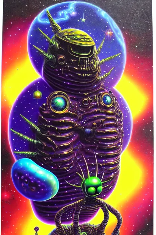 Image similar to space creature by jack vance, mike mignogna, lisa frank, highly detailed, vintage dark sci fi, oil painting