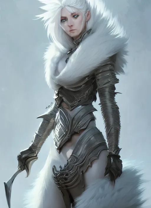 Image similar to fur - lined armor!!! beautiful and elegant white haired female!! gorgeous ayes!! character concept art, sharp focus, octane render! unreal engine 5! highly rendered!! trending on artstation!! detailed linework!! illustration by bussiere rutkowski andreas rocha