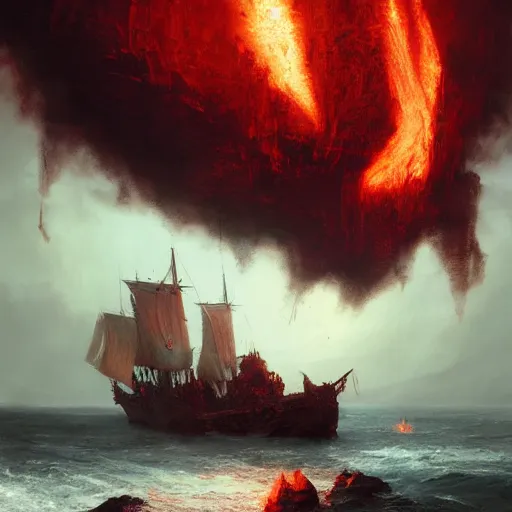 Image similar to pirate ship going to hell, warm temperature, red lightning, sea of lava, hyperdetailed, artstation, cgsociety, by greg rutkowski, by Gustave Dore