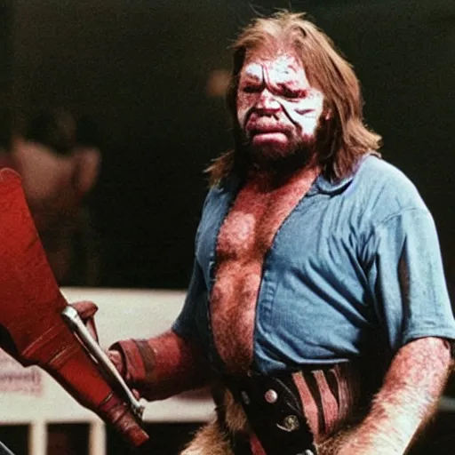 Image similar to hacksaw jim duggan as a horror movie villain