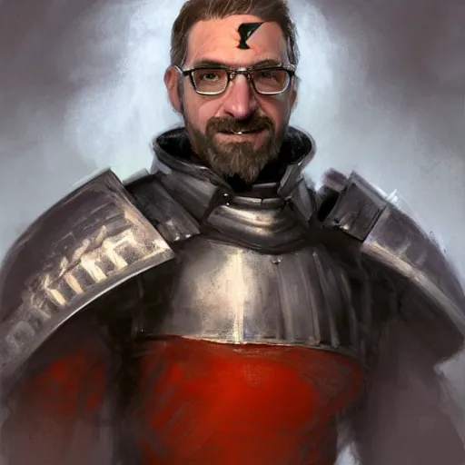 Image similar to gordon freeman as an attractive young smiling woman dressed as a knight, face portrait, hd shot, digital portrait, beautiful, fantasy art, artstation, comic style, by artgerm, guy denning, jakub rozalski, magali villeneuve and charlie bowater