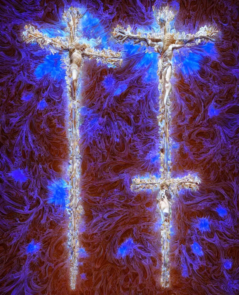 Image similar to a crystalline 3 d mandelbulb fractal in the shape of jesus christ on the cross, bioluminescent opal, fractal, magnificent lighting, ethereal, ray tracing, octane