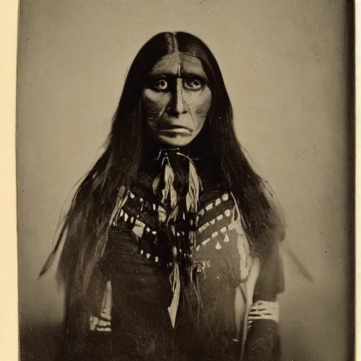 Image similar to victorian photo portrait of a scary horror monster and a native american warrior girl, 1825