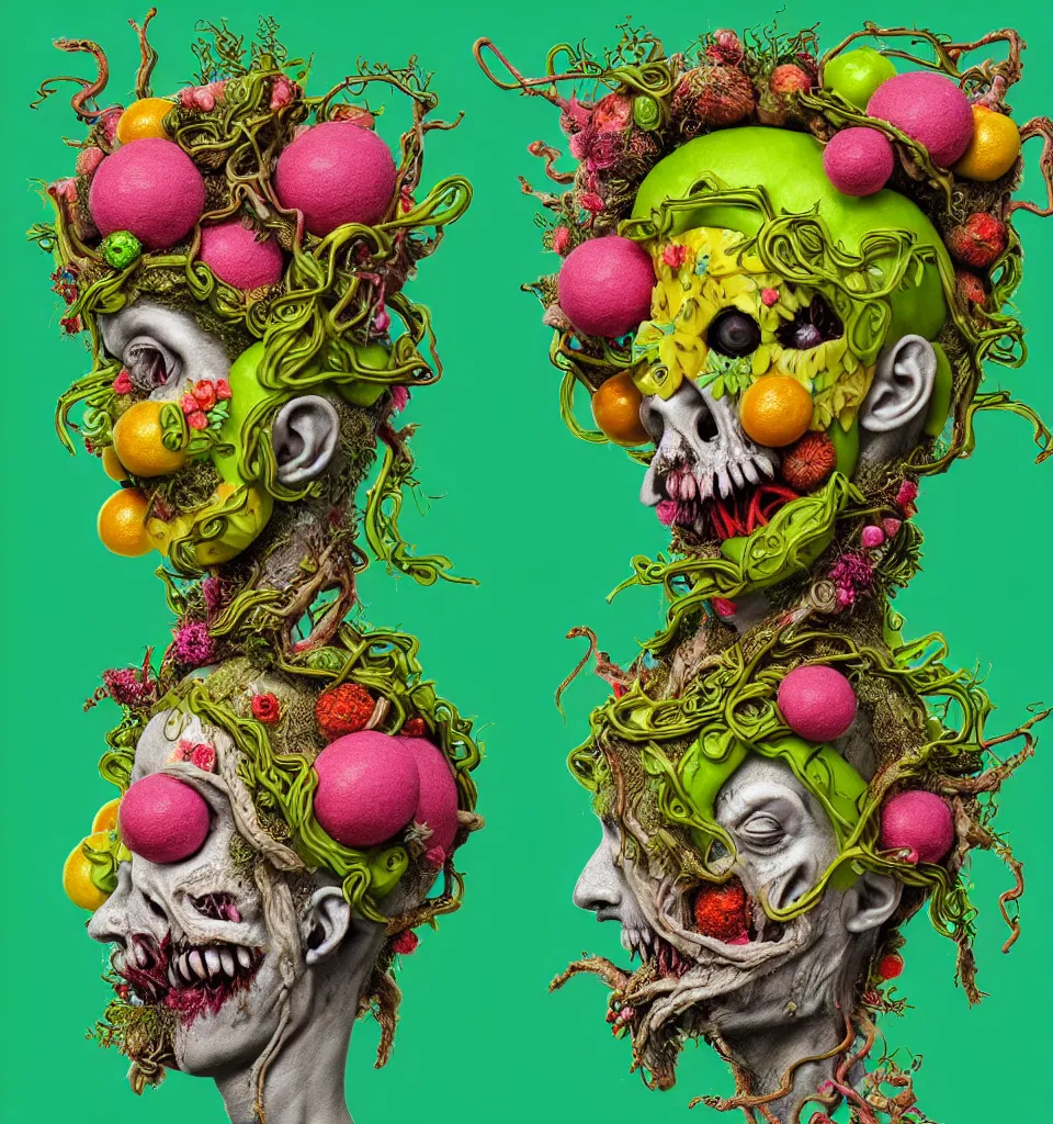 Prompt: headshot of a trickster nature zombie, head made of fruit and flowers in the style of arcimboldo, fragonard, covered with tendrils slime and vines, digital illustration, dynamic lighting, action figure, clay sculpture, claymation, turquoise pink and green, botanical rainbow backdrop