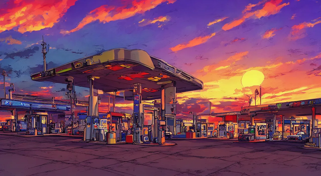 Image similar to gas station south west sunset beautiful artstation 4 k breathtaking concept art illustration cartoon by jack kirby