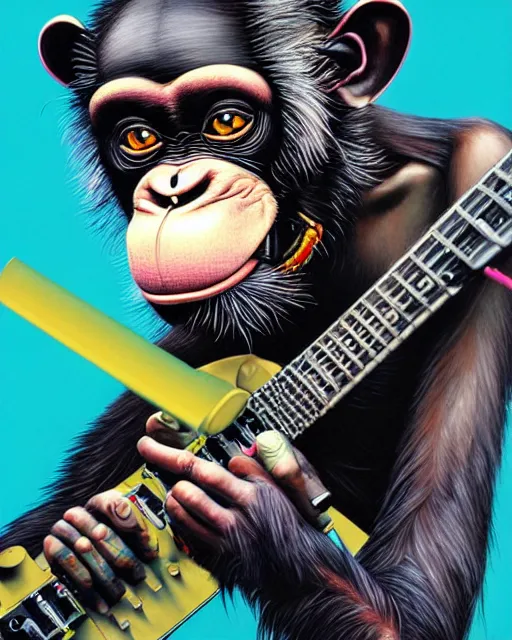 Image similar to a portrait of an anthropomorphic cyberpunk chimp shredding an electric guitar and singing into a microphone on a stand by sandra chevrier, by jon foster, detailed render, tape deck, epic composition, cybernetics, 4 k realistic, cryengine, realistic shaded lighting, sharp focus, masterpiece, by enki bilal