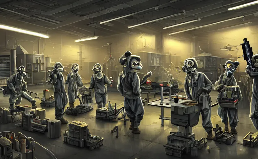 Image similar to epic scenic shot, highly detailed weapons laboratory, clean and organized, quantum technology, bright lights, warehouse, with anthropomorphic furry researchers in military uniforms and hazmat suits, carrying guns, tables, parts, gun scraps, windows, sci fi, Extremely detailed digital art, furry art, furaffinity, DeviantArt, HD artstation