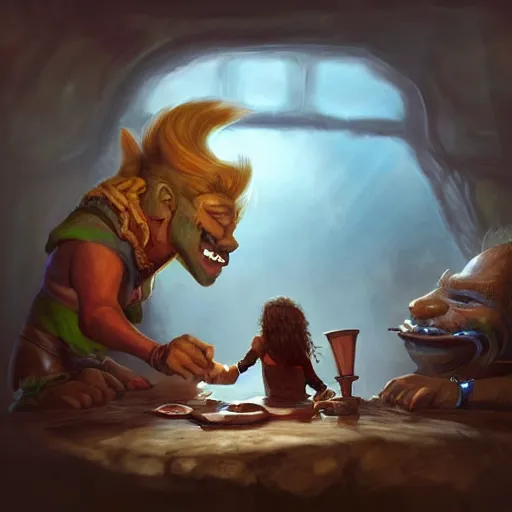 Image similar to an illustration shows a table with a little girl next to a troll holding onto the, concept art by slawomir maniak, trending on artstation, fantasy art, fantasy art