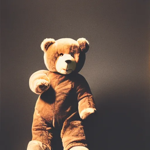 Image similar to a ( ( ( ( ( ( ( ( ( chiaroscuro lighting portrait ) ) ) ) ) ) ) ) ) ) of kanye west dressed as teddy bear mascot, black background, portrait by julia margaret cameron, shallow depth of field, 8 0 mm, f 1. 8