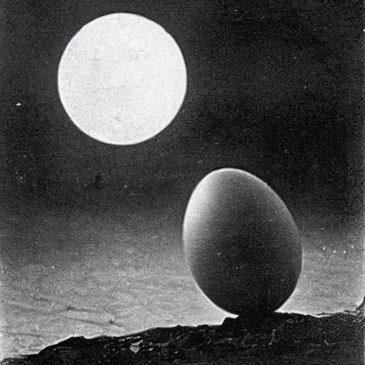 Image similar to an early 1 9 0 0 s photograph of an alien hatching from a levitating luminescent alien egg on the beach, moonlight, at nighttime,