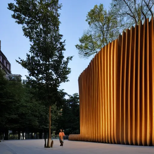 Prompt: by david chipperfield chestnut, shaders monumental. a beautiful kinetic sculpture. a ripple passes through its eyestalks. i wish it had a face : the stare of its moist forest of orbs is unnerving.