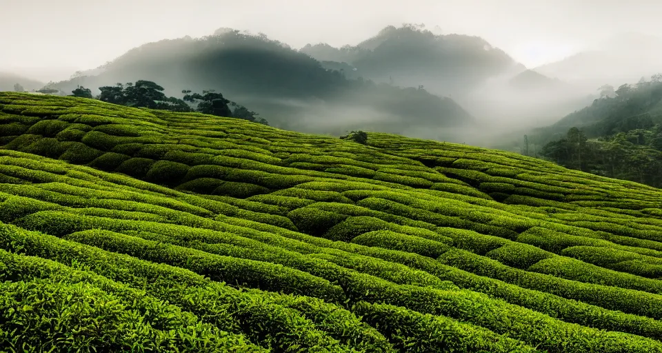 Image similar to Photo of tea plantation of Cameron Highlands with rolling mountain at the background, wide angle, volumetric light, fog, mist, morning, hyperdetailed, light water, artstation, cgsociety, 8k