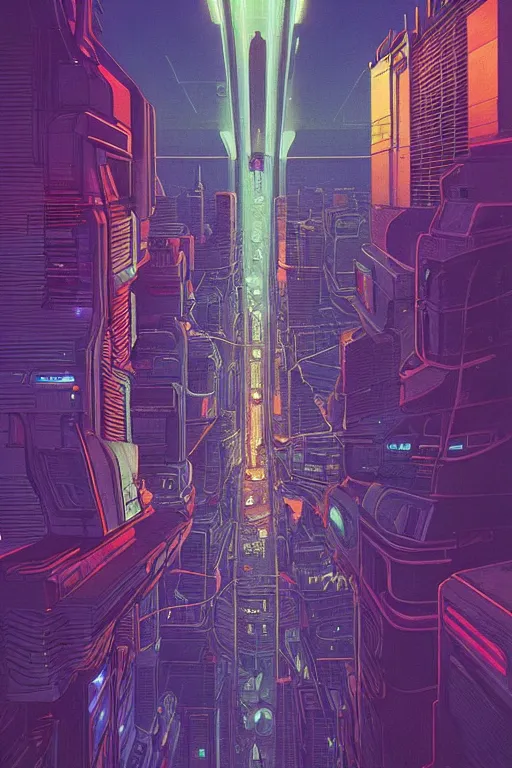 Image similar to astronaut cyberpunk surreal upside down city neon lights by moebius, Jean Giraud, trending on artstation