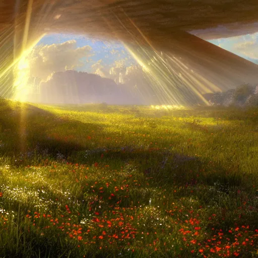 Prompt: rhythmic interval tectonic surfaces as resonant waves of harmonic organic mystical megastructure crystal lattice architectures exploding with light and god rays in a meadow full of wildflowers by albert bierstadt, by glen small, by giovanni battista piranesi, photorealistic, god rays, octane render, depth of field, volumetric light, volumetric fog, holy spirit