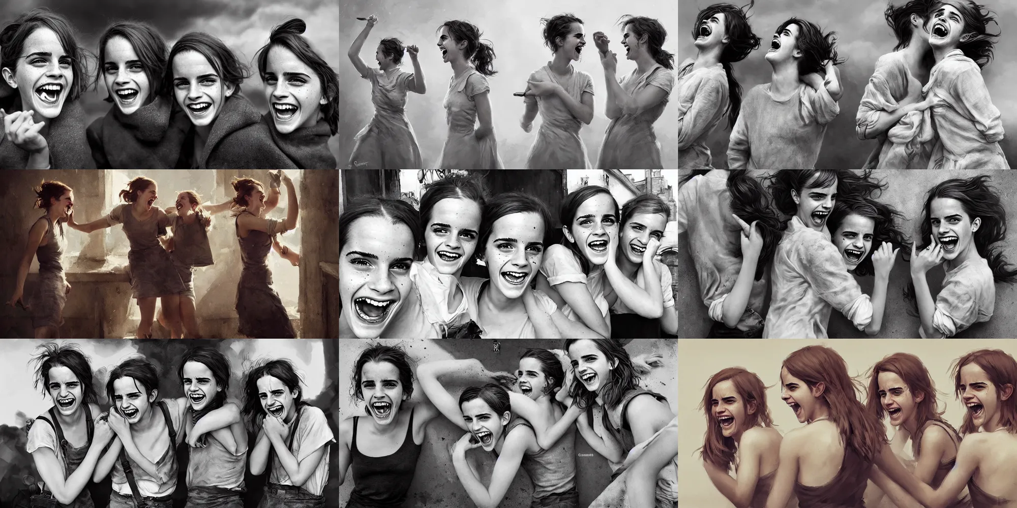 Prompt: emma watson identical twins laughing greg rutkowski!!! canon eos lee miller