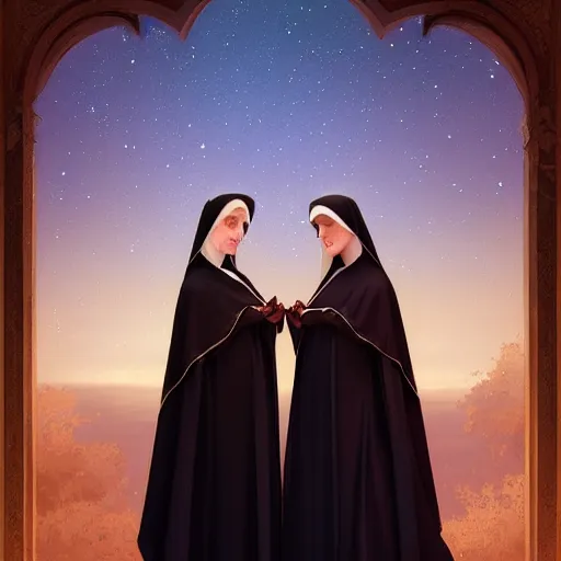 Prompt: two beautiful identical nuns under night sky, intricate, elegant, highly detailed, digital painting, artstation, concept art, smooth, sharp focus, illustration, art by artgerm and greg rutkowski and alphonse mucha