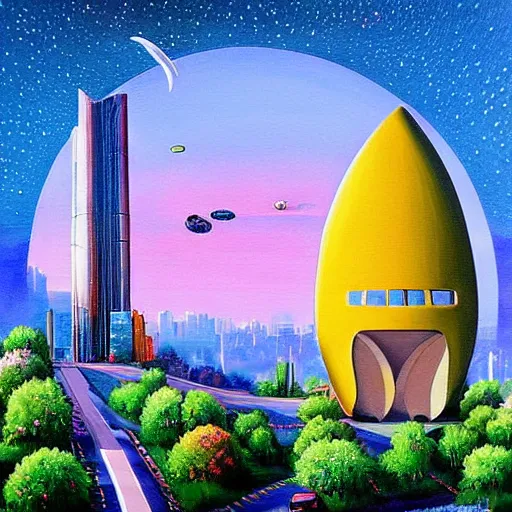 Prompt: Beautiful city of the future in harmony with nature. Spaceship in the background. Nice colour scheme, soft warm colour. Beautiful painting by Lurid. (2022)