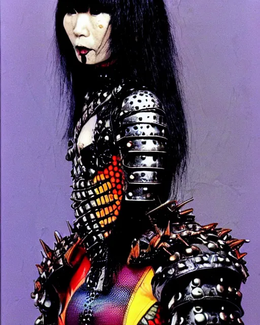 Image similar to portrait of a skinny punk goth yayoi kusama wearing armor by simon bisley, john blance, frank frazetta, fantasy, thief warrior, colourful fur!!