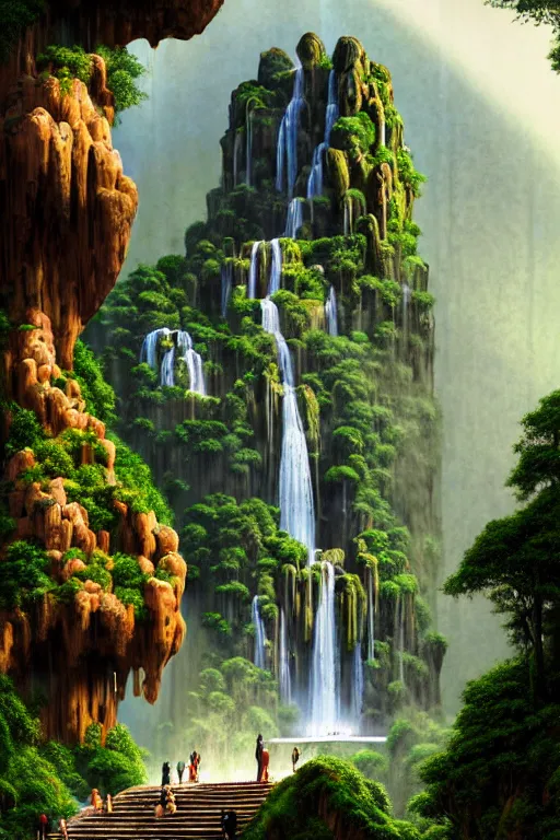 Prompt: carved into a Mountain a temple above a waterfall, giant intricate statues of people, arches, pillars, archways, trees, lush vegetation, forrest, a small stream runs beneath a waterfall, landscape, raphael lacoste, eddie mendoza, alex ross, concept art, matte painting, highly detailed, rule of thirds, dynamic lighting, cinematic, detailed, denoised, centerd