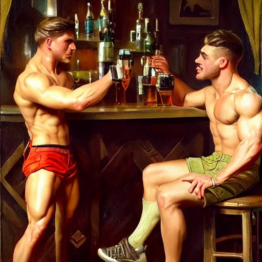 Image similar to attractive muscular male with brunet hair and attractive muscular male with blond hair. pants and shorts, drinking their hearts out, in a pub. very defined and detailed painting by j. c. leyendecker, gaston bussiere, craig mullins 8 k