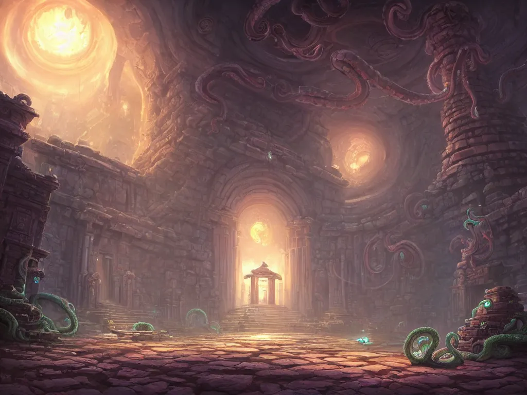 Prompt: An ancient temple with tentacles coming out of the massive entrance art by Jordan Grimmer and Tyler Edlin, ominous, cosmic horror, 4k