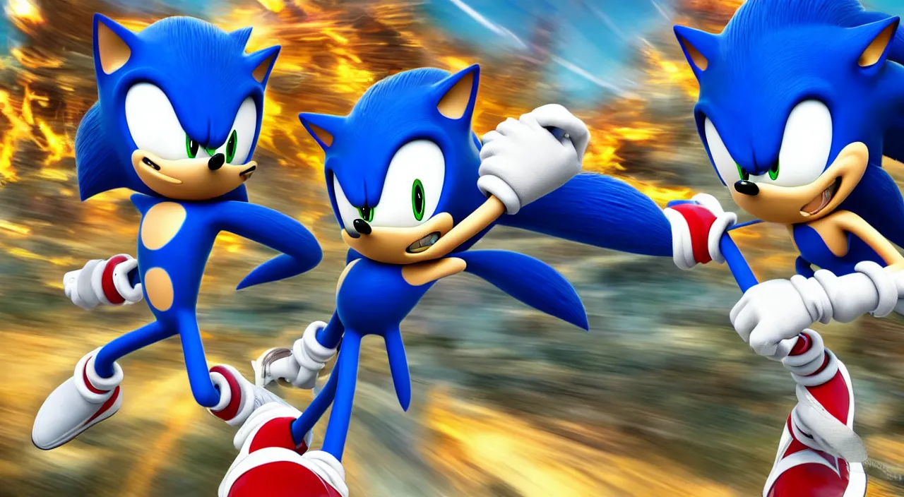 Prompt: Sonic going really fast, dramatic shot, motion blur, action, blue streaks, ultra realistic, cinematic
