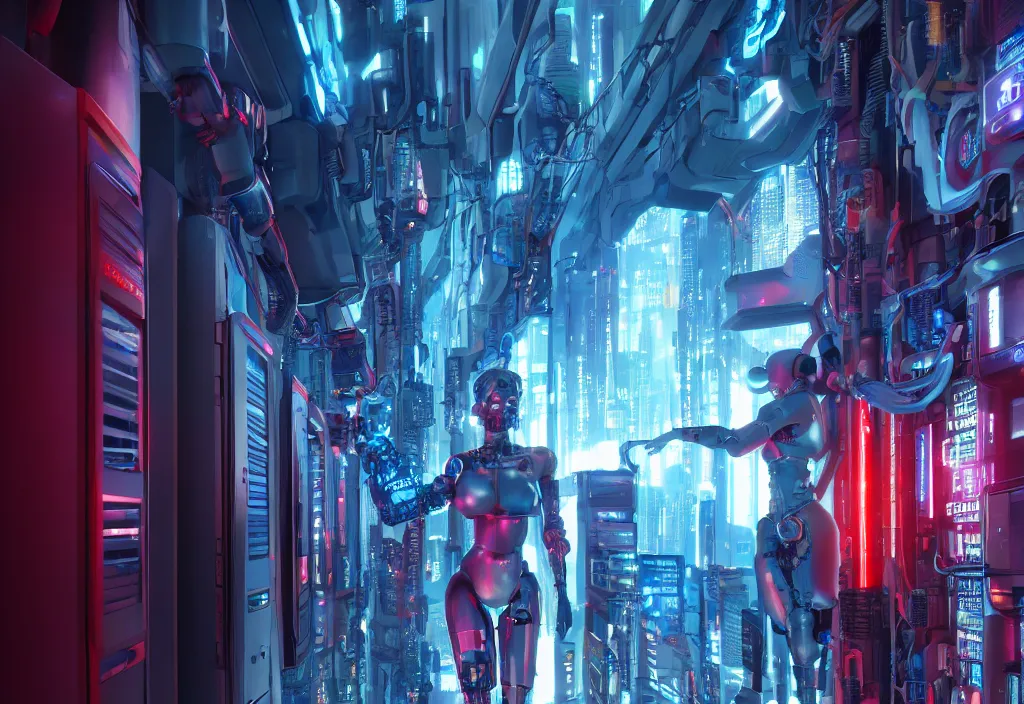 Prompt: shot of film by cyberpunk syle, human like a cyborg full body in detailed data center, character design, symmetrical, vivid color, complementary color, detailed, sharp lines, trending on artstation, volumetric lighting, by yoichi hatakenaka, by masamune shirow, by josan gonzales, octane render, server room