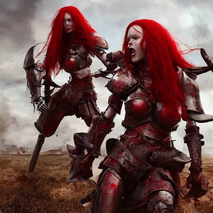 Image similar to a girl with a long red hair wearing a full-body red plate armor screaming in a battlefield, anatomically correct, hyperrealistic, concept art, octane render, unreal engine 5, 8K HDR, highly detailed, high quality, fantasy armor