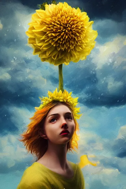 Image similar to closeup girl with giant yellow dahlia flower as head, standing on mountain, surreal photography, blue storm clouds, dramatic light, impressionist painting, digital painting, artstation, simon stalenhag